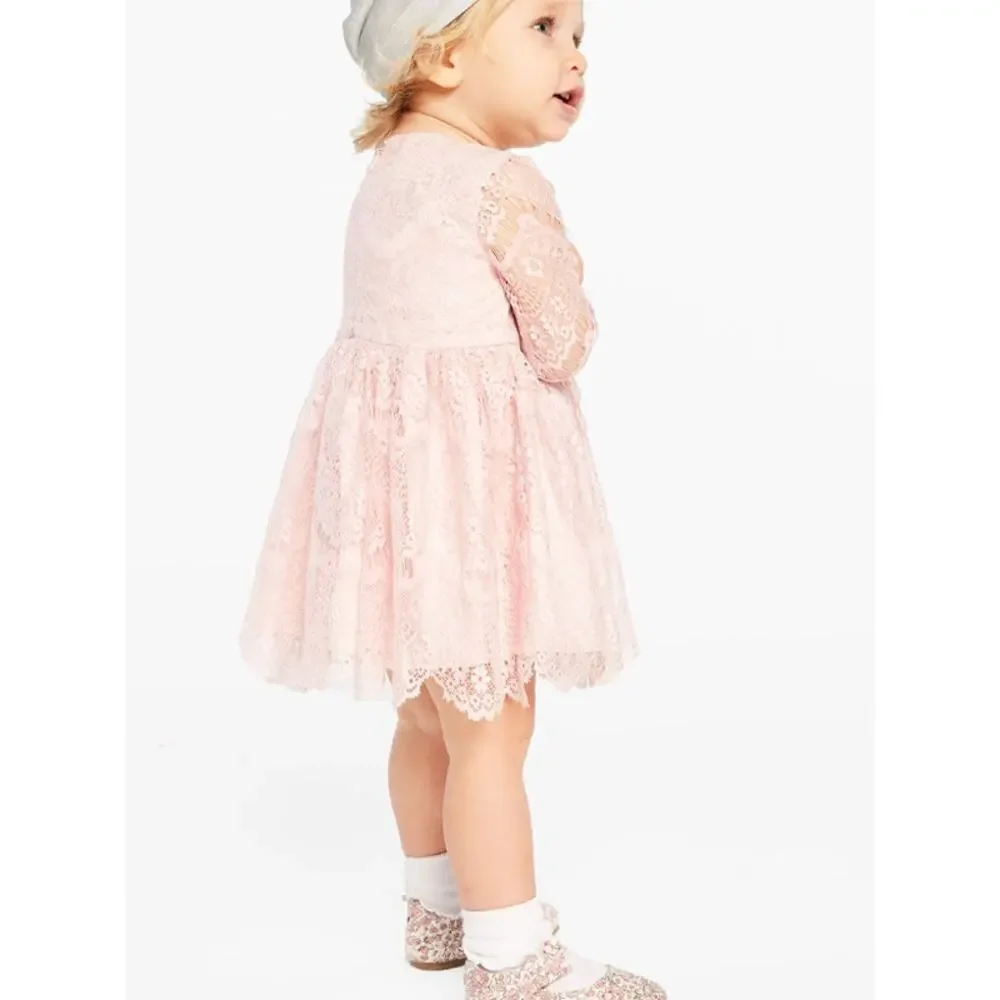 BARDOT Baby Girl Gertrude Lace Dress 12-18 Months Pink Long Sleeve NWT